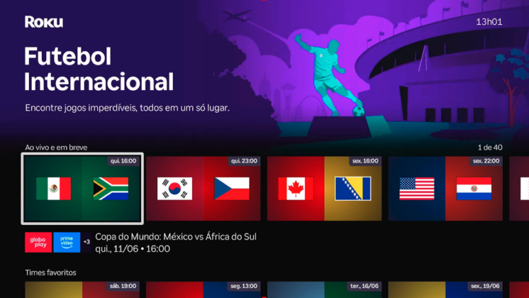 Roku cria área dedicada ao futebol internacional com guia de transmissões, estatísticas em tempo real e conteúdo temático.
