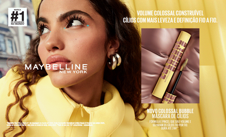 Maybelline apresenta a Colossal Bubble, nova máscara de cílios com Mega Brush, efeito de até 24 horas e 10x mais volume.