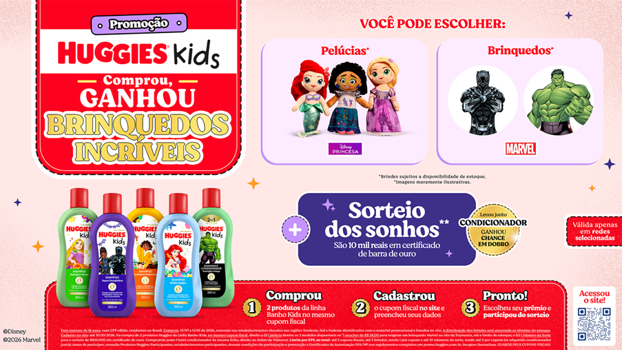 Huggies oferece pelúcias Disney, brinquedos Marvel e sorteio de R$ 10 mil em nova promoção