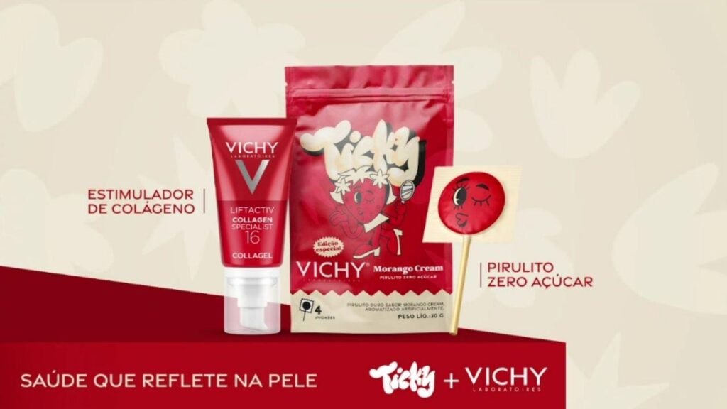 Vichy e Ticky misturam skincare e candy em collab com pirulito de morango zero açúcar