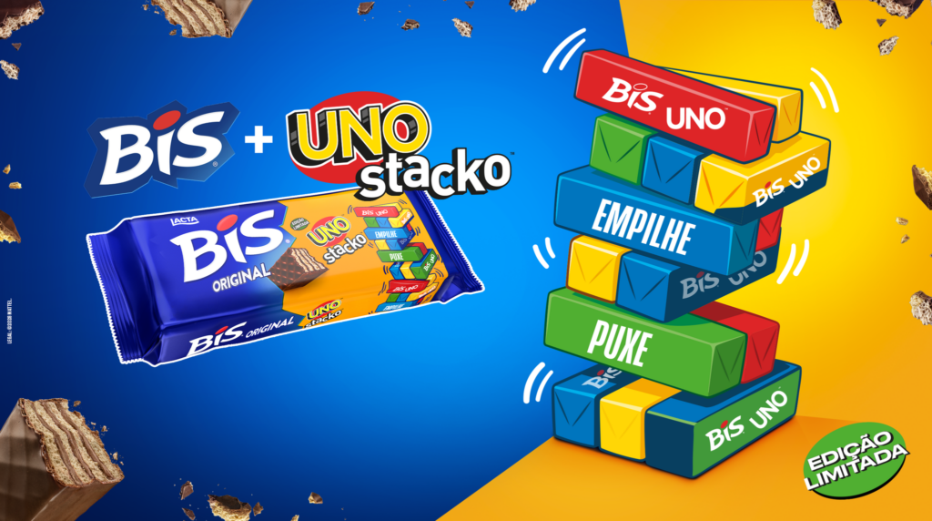 BIS vira jogo em collab com UNO Stacko e transforma chocolate em peças de uma torre